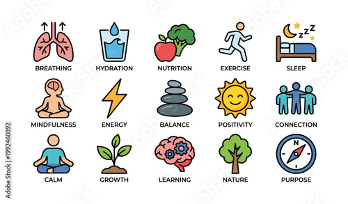 Wellness and mindfulness icons arranged in grid on white background