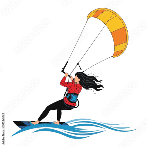 Woman kitesurfing on water, active lifestyle sport, summer vacation fun