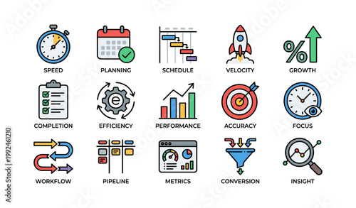 Project management icons illustrating planning and performance in grid