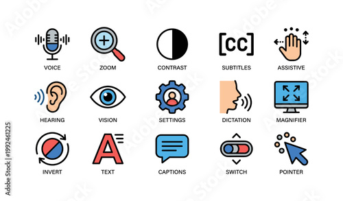 Accessibility and assistive technology icons on white background