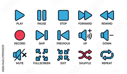 Media control icons for playback and volume on white background