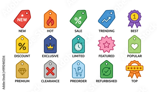 Product tag and badge icons showing sale and status labels on white