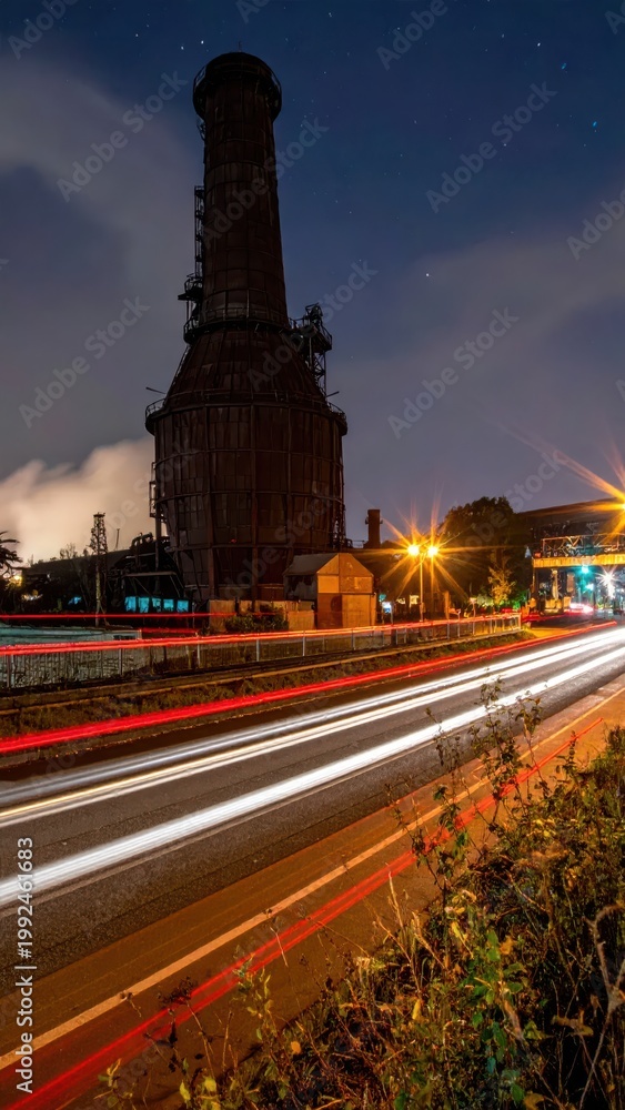 Fototapeta premium Long Exposure Night Photography of Industrial Chimney and Light Trails.