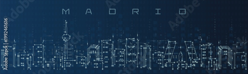 Madrid Smart City Skyline Vector in Circuit Board Style Futuristic Technology Background