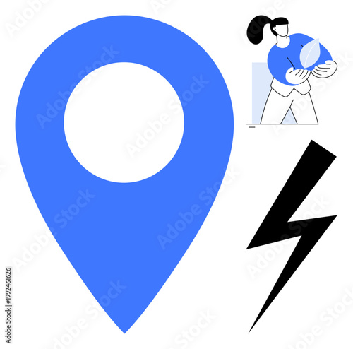 Location services, sustainability, renewable energy, navigation, eco-friendly initiatives, power symbols. Blue map pin, woman holding a leaf black lightning bolt. Location services