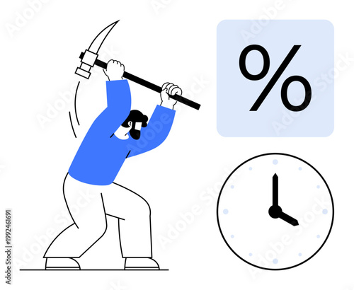 Economic struggles, time management, productivity, labor market, financial stress, work-life balance. Worker swinging pickaxe with percentage and clock symbols. Economic struggles and time management