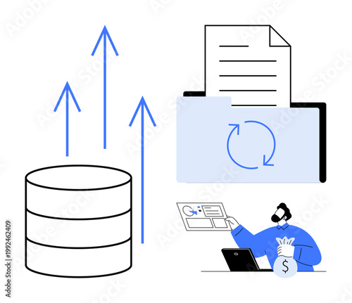Data management, financial analytics, software updates, database storage, business growth tracking, income evaluation. Arrows rising, database folder and person analyzing data. Data management