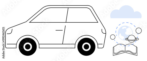Transportation, learning, travel, global education, futuristic concepts, mobility. Outline of a car, globe orbit book. Transportation and learning as futuristic and global