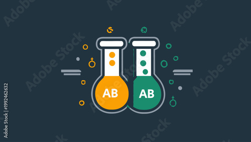 Vibrant flat design illustration of scientific beakers for laboratory chemical analysis and experimental research