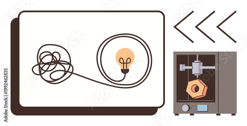Innovation, prototyping, product design, 3D printing, technology, creative solutions. Tangle of wires forms a lightbulb next to a 3D printer creating an object. Innovation and prototyping concept
