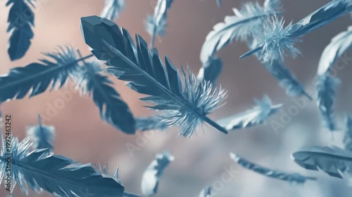 A dreamy scene of ethereal, blue feathers floating in mid-air against a blurred background