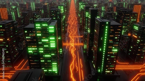 Futuristic city with glowing green buildings and pathways with orange neon light design