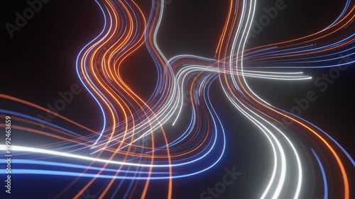 Abstract design with flowing, vibrant neon light trails against a dark background, in a dynamic display