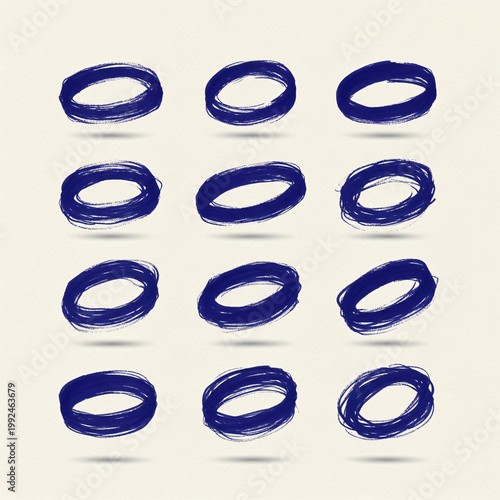 Blue Ink Circle Brush Stroke Set Hand Drawn Oval Rings Collection