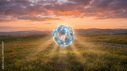 Floating Glowing Orb Above Grassy Field at Sunset