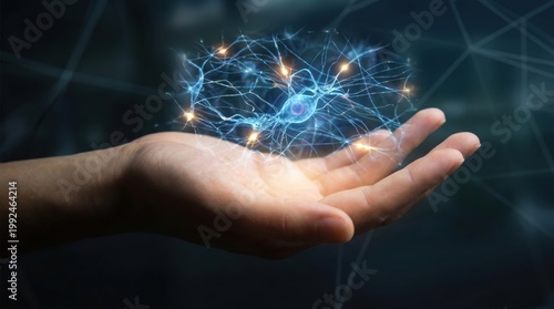 Glowing Neuron Network Floating in Hand