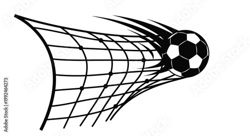 A black and white illustration of a soccer ball entering a net