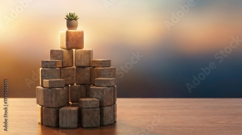 Wooden Cubes Forming a Risin Stack With Plant