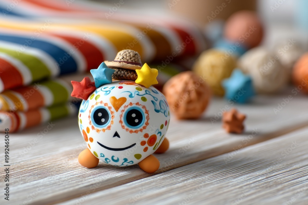 Fototapeta premium Cheerful Clay Sugar Skull with Colorful Ornaments on Wood Background and Striped Cloth