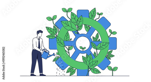 Businessman nurturing eco friendly gear with plants.