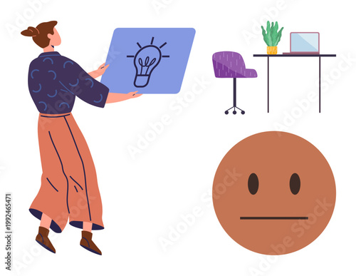 Creativity, workplace ideas, mood , innovation, remote work, brainstorming. Woman holding lightbulb panel, desk with laptop and chair and a neutral face icon. Creativity and mood ation