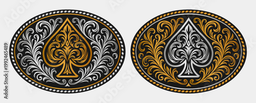 Ace of Spades Label Tag design Ornate belt buckle medal stylized silhouette Western rodeo style  west cowboy engravings details color variants