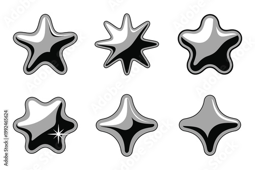 Set of 3D Chrome Star Icons with Glossy Metallic Finish and Y2K Aesthetic Vector Illustration