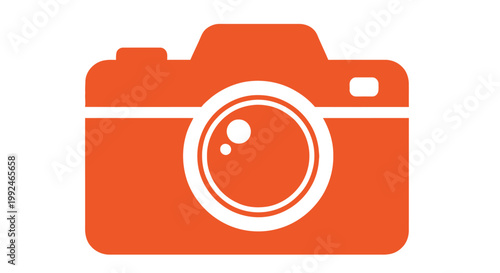Simple orange icon of a classic film camera with a white lens ring