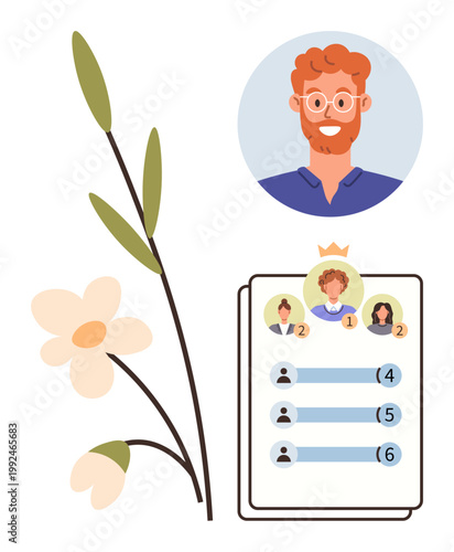 Gamification, social media engagement, user ranking, team management, leaderboard, personal profile. Leaderboard with ranked user profiles and floral design. Gamification and user ranking