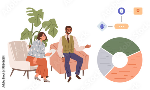 Business discussions, teamwork, data analysis, workplace collaboration, corporate strategy, professional meeting. Two colleagues sitting near a pie chart and flowchart icons. Teamwork and data