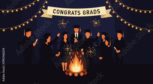 Graduates celebrating with sparklers at night under string lights with a bonfire and a banner saying congrats grads for a festive academic ceremony and evening party event style png. ai generated