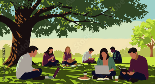 Diverse group of students sitting on green grass under a large spreading tree studying with laptops and books in a peaceful campus environment during a sunny afternoon for png. ai generated