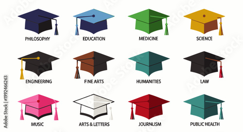 Collection of colorful mortarboard graduation caps labeled by academic disciplines including philosophy education medicine science and law for university commencement ceremony set png. ai generated