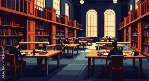 Students studying in a traditional university library with wooden bookshelves and reading desks png. ai generated