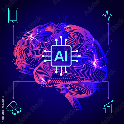 Futuristic AI Brain with Digital Neural Network. Glowing digital brain with AI chip core, representing artificial intelligence, neural networks, data processing, and futuristic healthcare technology