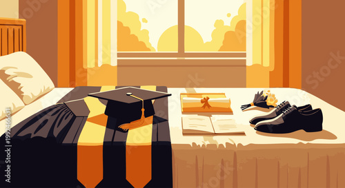Academic graduation essentials arranged neatly on a bed, including a black mortarboard cap, a rolled diploma, an open book, and formal dress shoes, symbolizing the end of a student png. ai generated