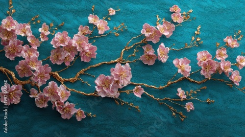 A sweeping diagonal composition of pink cherry blossoms made of silk and gold. Deep turquoise velvet background. Luxurious 3D sculptural relief