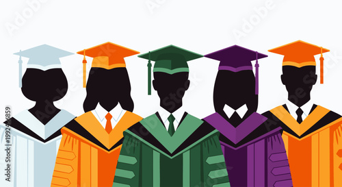 Five graduates wearing colorful academic gowns and matching caps representing diversity in higher education png. ai generated