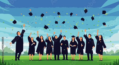 Group of graduates in academic gowns throwing caps and confetti in a sunny green park setting celebration png. ai generated