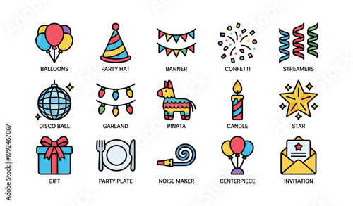 Party decorations arranged in grid on white background