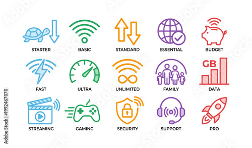 Telecom plan icons arranged in grid on white background