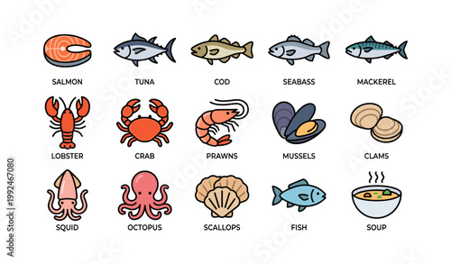 Seafood icons arranged in rows on white background