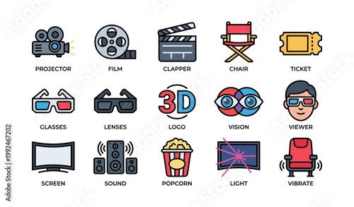 Grid of cinema and entertainment icons on white background