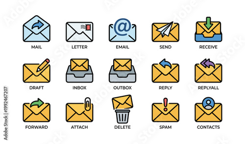 Grid of mail and messaging icons on white background