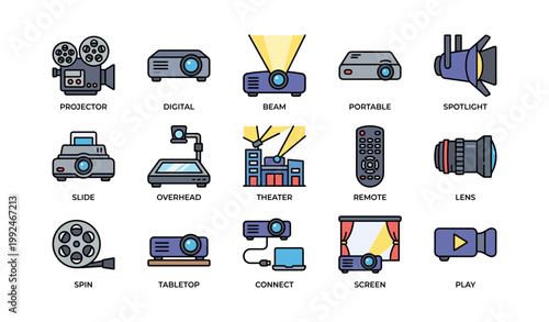 Projector icons showing projectors and accessories on white background