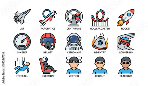 Aviation icons showing flight maneuvers and g forces on white