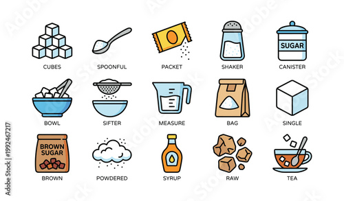 Sugar icons showing forms and containers on white background