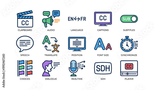 Caption and subtitle icons for audio translation on white background