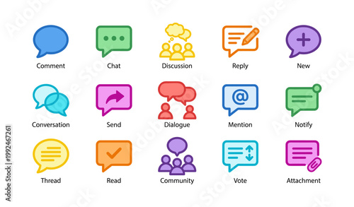 Chat and message icons for conversation and notifications on white