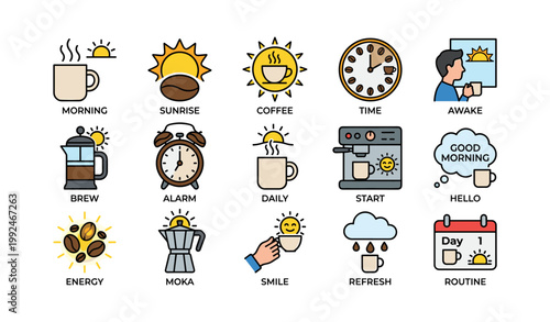 Set of morning and coffee routine icons arranged on white background